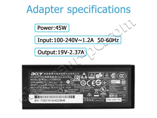 45W Original AC Adaptateur Chargeur Acer A13-045N2A A045R021L-AC01-01