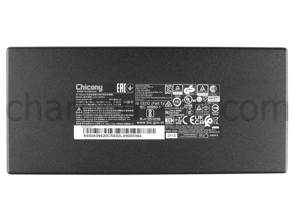 20V 12A 240W MSI Katana GF66 12UC-070UK AC Adaptateur Chargeur + Câble