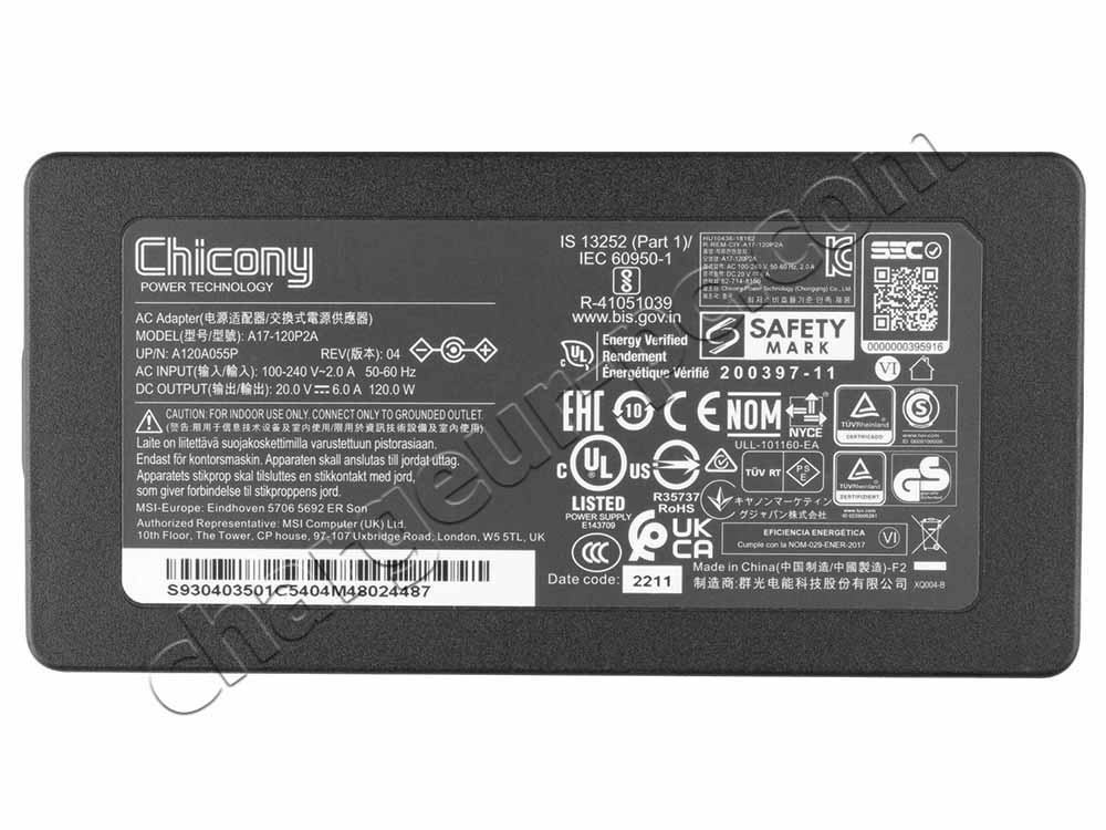 Original 120W MSI GF63 Thin 11UD MS-16R6 AC Adaptateur Chargeur + câble
