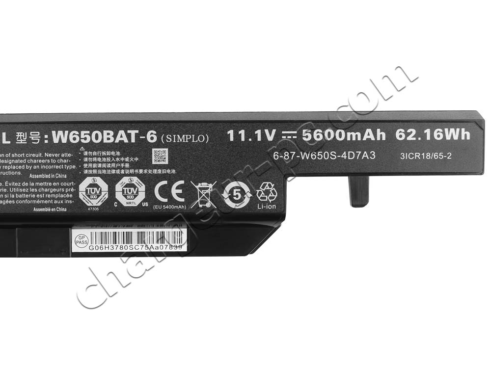 5600mAh 62.16Wh 6 Cell Clevo W650SH Batterie