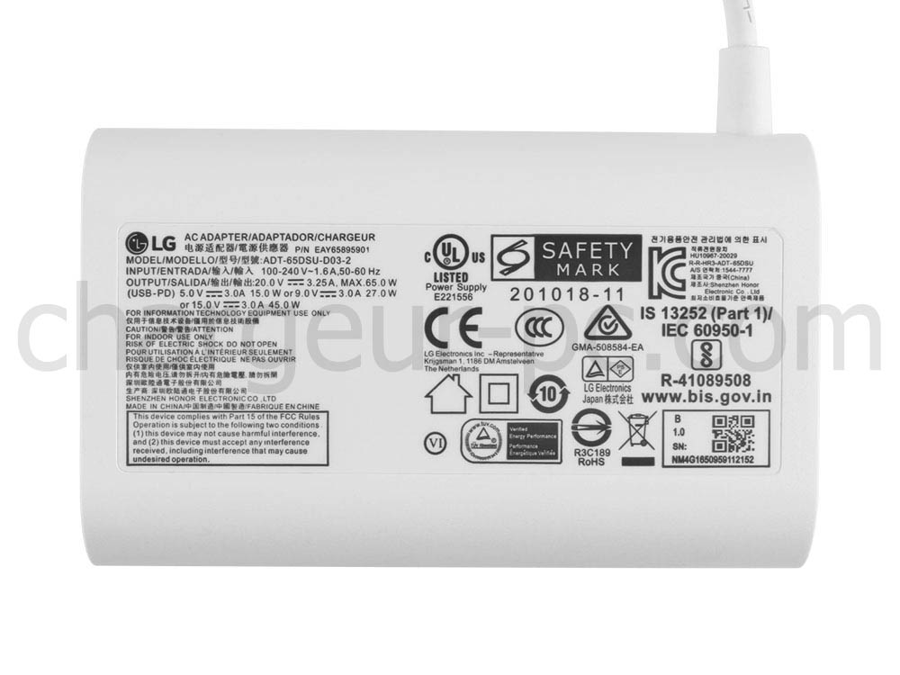 Original 65W USB-C LG Gram 17Z90R-A.AAB7U1 AC Adaptateur Chargeur + câble