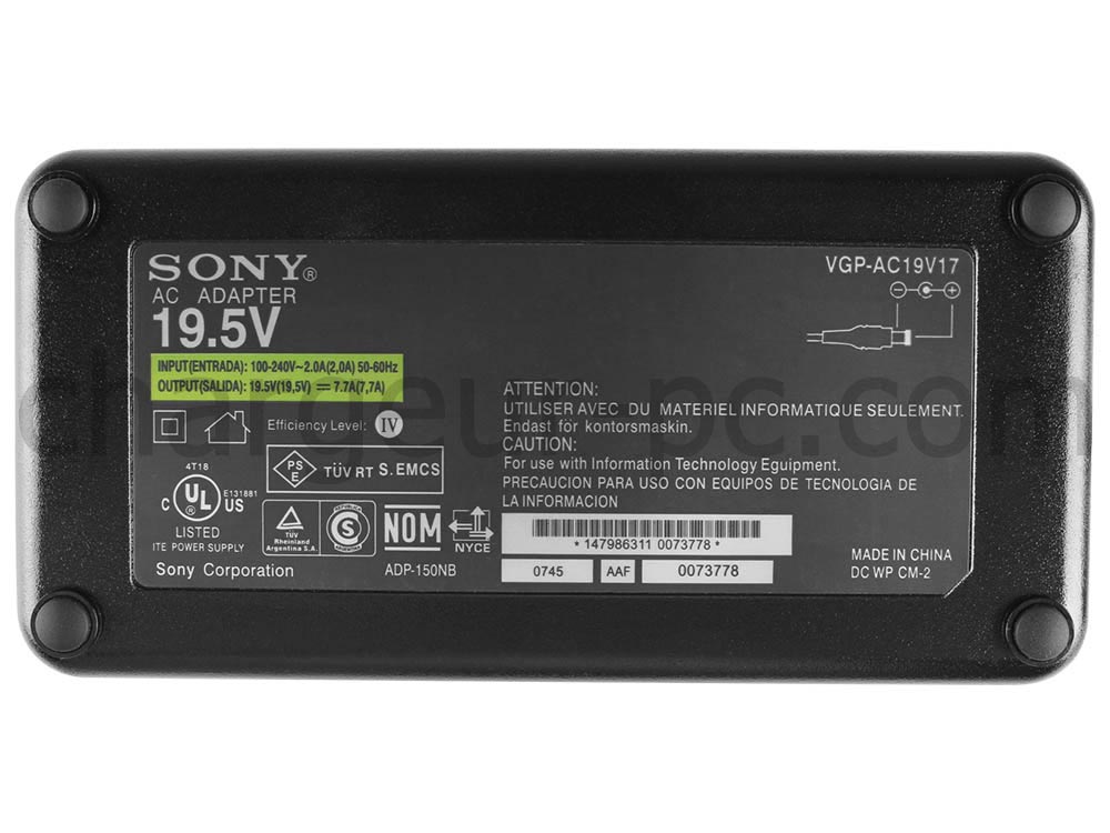 150W Original AC Adaptateur Chargeur pour Sony Vaio vpcf213fx vpcf213fx/bi